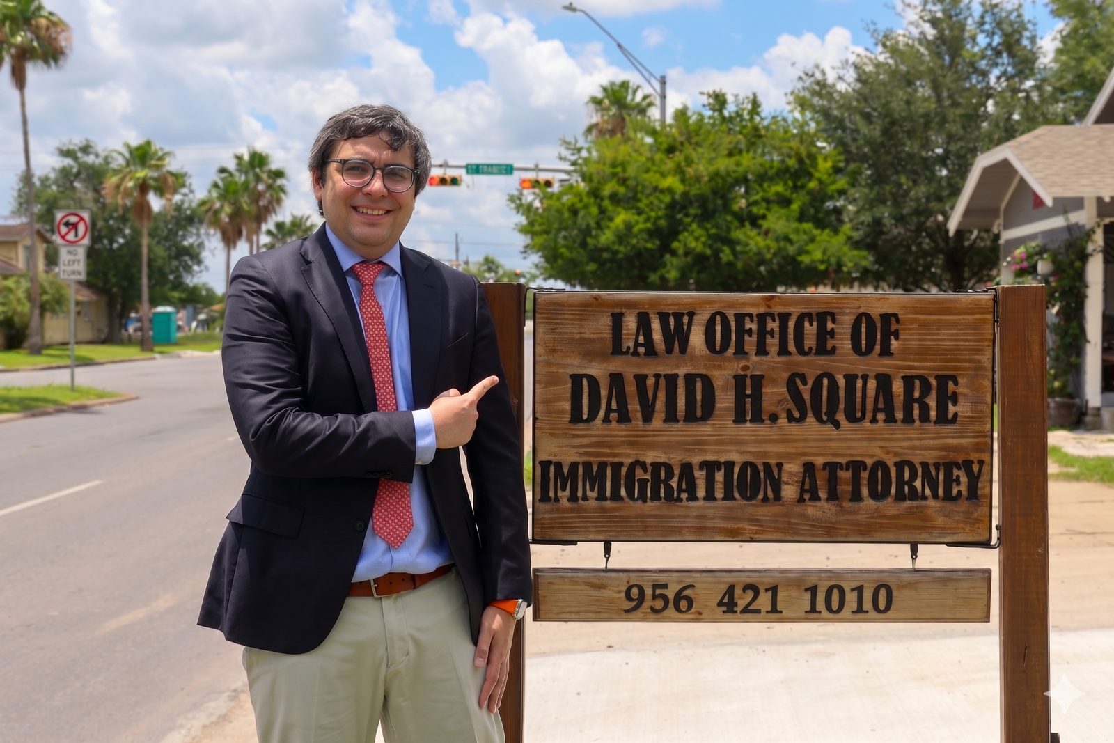 David H. Square junto al letrero de su oficina — Abogado de Inmigración, Law Office of DHS